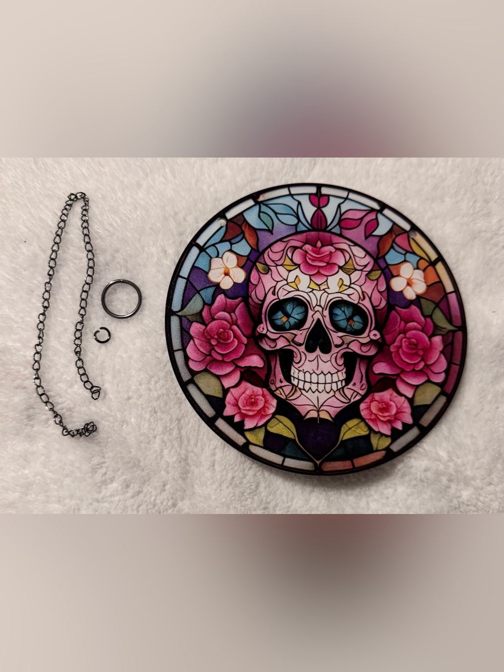 Sugar Skull Day of the Dead Graphic Acrylic Round Sign Sun Catcher Metal Hanger